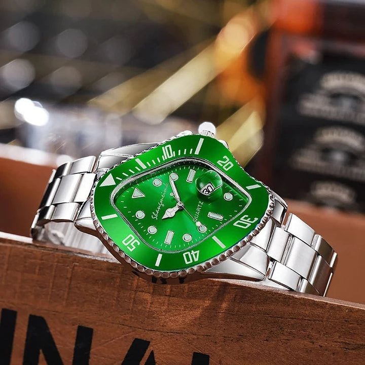 Stylish men's fashion watch: stainless steel, warped dial, quartz movement.