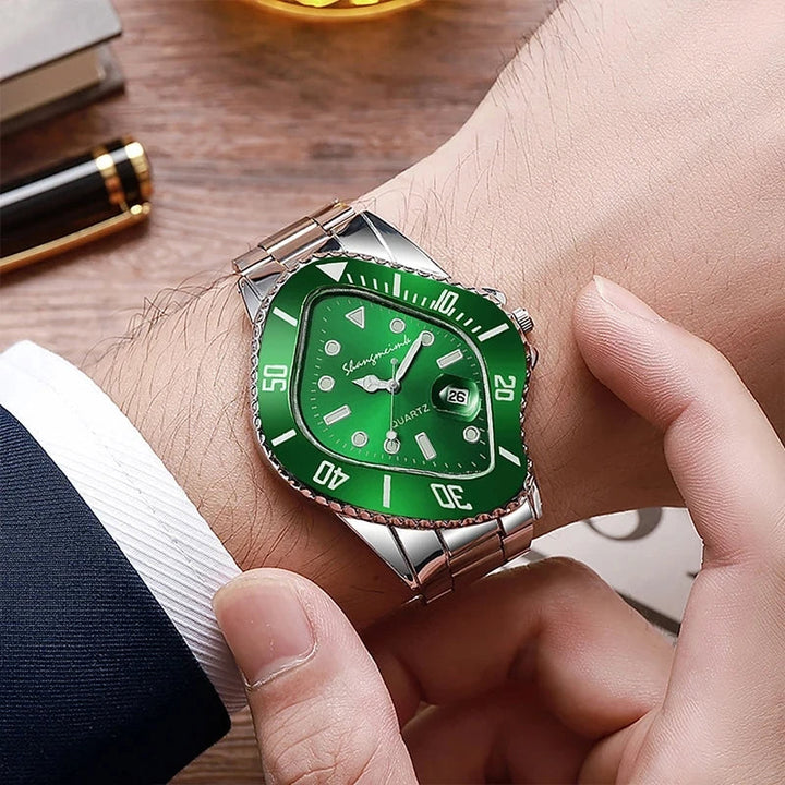 Elegant men's warped dial quartz watch, a perfect stainless steel gift for him.