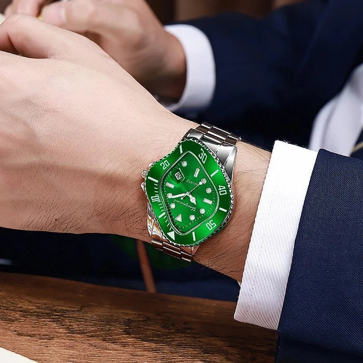 Statement piece: Men's stainless steel warped dial quartz watch for fashion.
