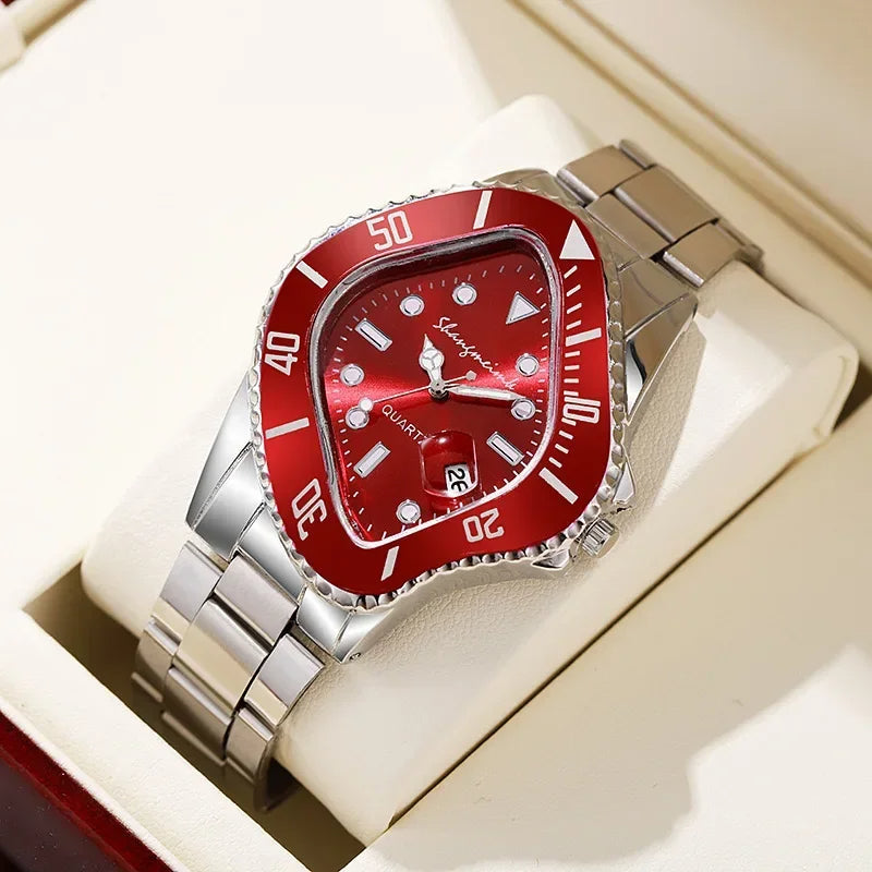 Modern men's wristwatch with a distinctive warped dial and stainless steel band.