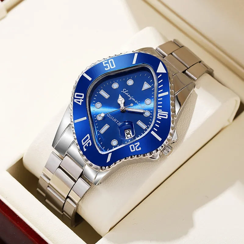 Men's quartz watch, stainless steel, with an eye-catching warped dial design.