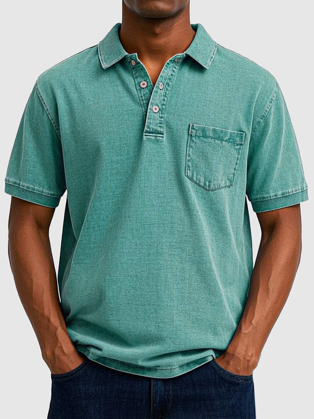 Stylish men's short-sleeve polo with button neck, ideal for casual summer wear and everyday comfort.