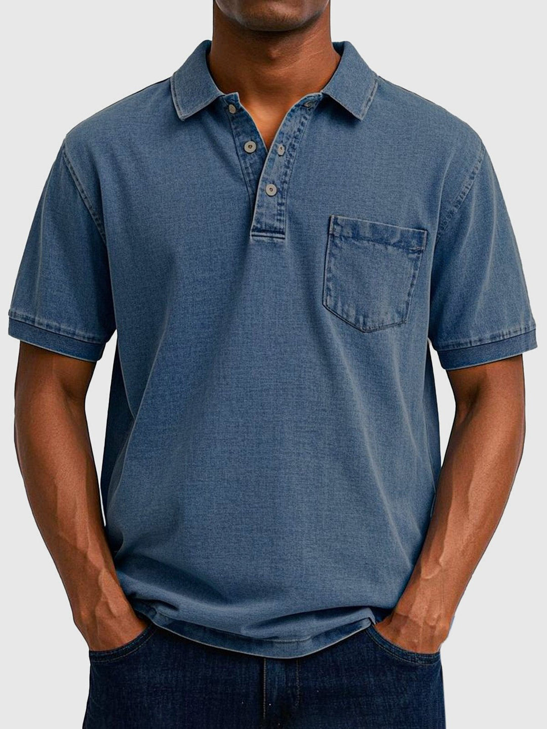 Close-up of a men's casual short-sleeve polo shirt with buttoned placket, emphasizing comfort & style.