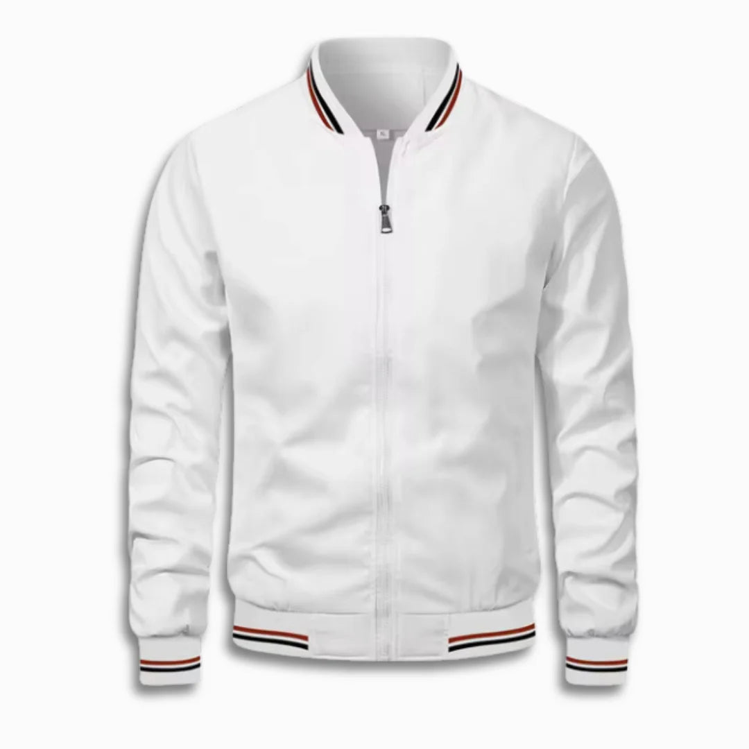 Close-up of a men's transition jacket. Water-repellent fabric & stand-up collar for cool spring/fall days.