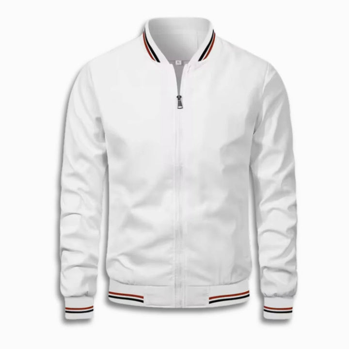 Close-up of a men's transition jacket. Water-repellent fabric & stand-up collar for cool spring/fall days.