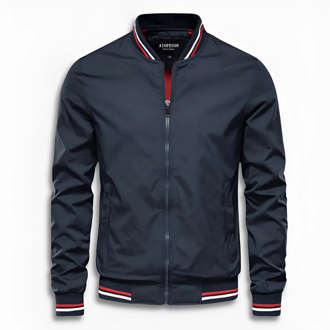 Comfortable men's water-repellent transition jacket, stand-up collar. Casual, lightweight outerwear for any weather.