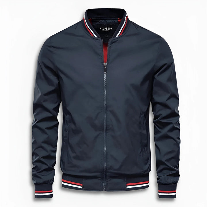 Comfortable men's water-repellent transition jacket, stand-up collar. Casual, lightweight outerwear for any weather.