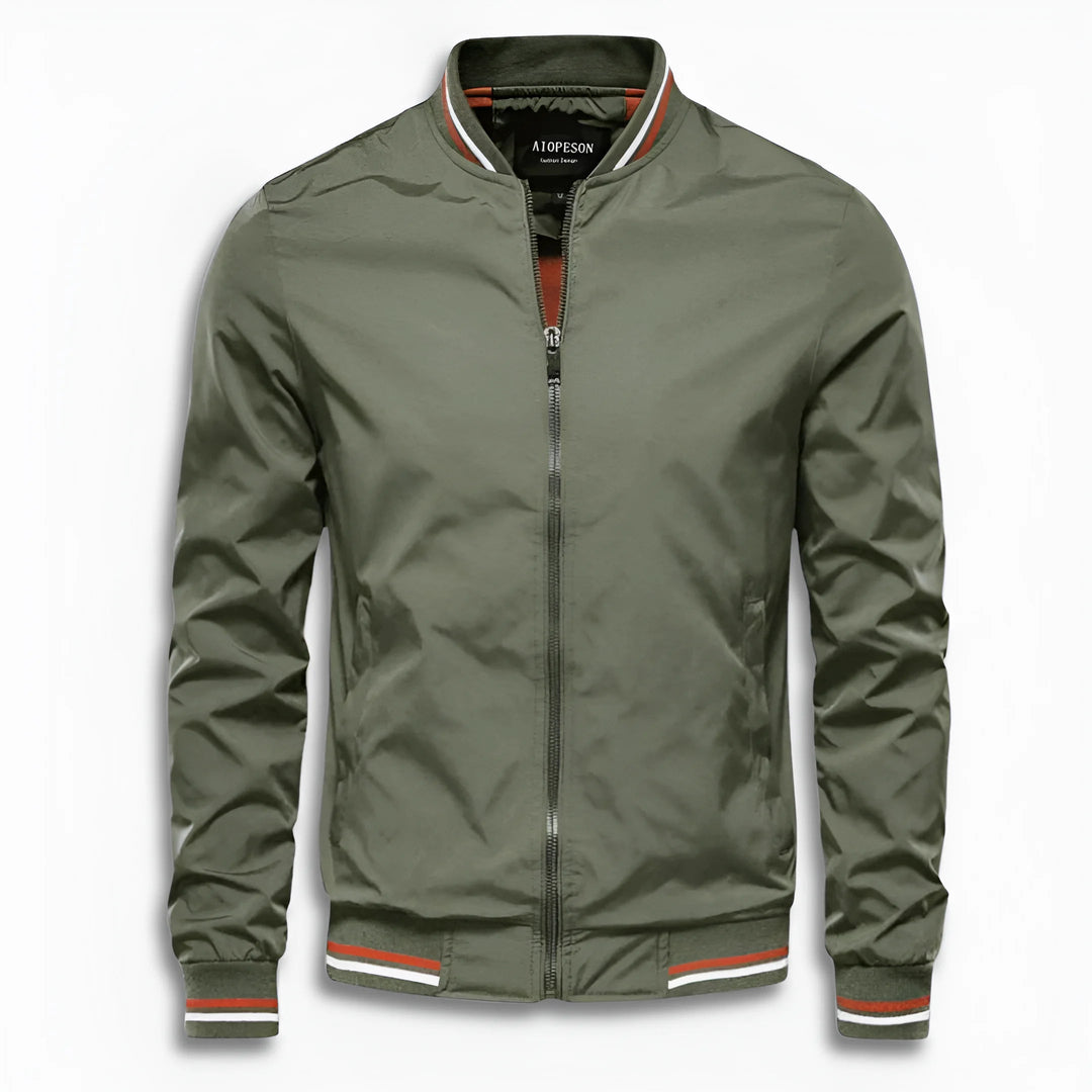 Back view of a sleek men's water-repellent transition jacket. Stand-up collar, lightweight outerwear texture.