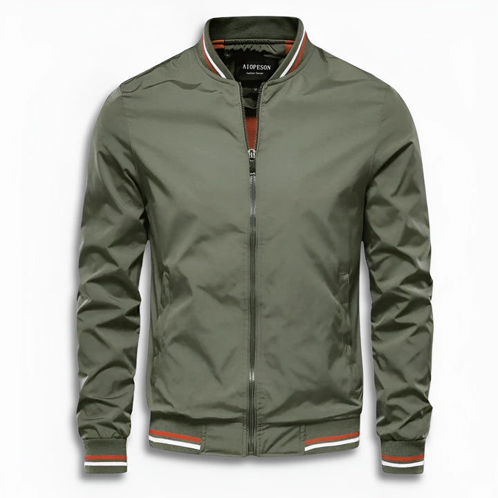 Back view of a sleek men's water-repellent transition jacket. Stand-up collar, lightweight outerwear texture.