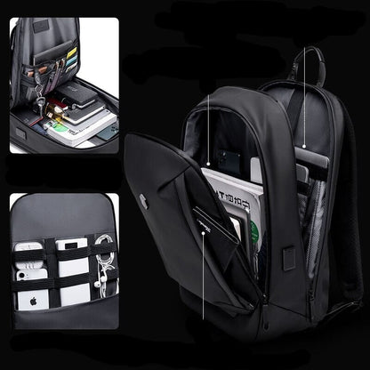 Spacious interior of AllCarry men's multifunction travel backpack with laptop sleeve & anti-theft pockets.
