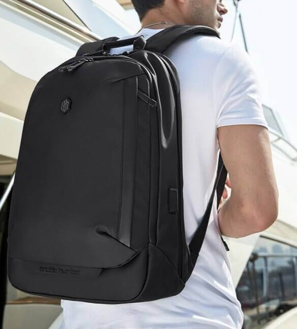 Close-up of AllCarry men's water-resistant travel backpack, durable fabric ideal for all weather conditions.