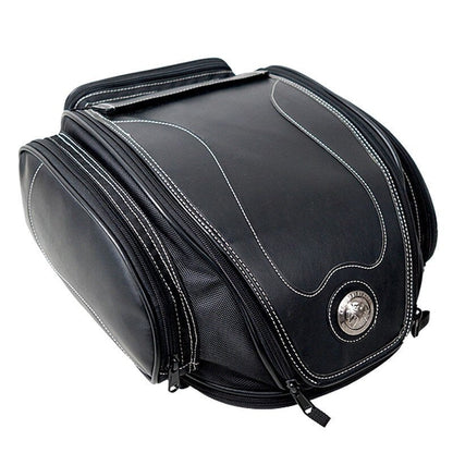 Men's water-resistant expandable motorcycle tail bag, PU leather, for sport & dirt bikes.