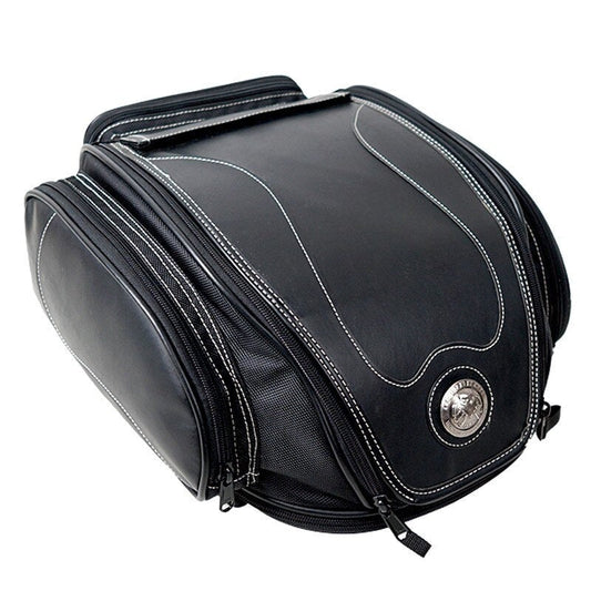Men's water-resistant expandable motorcycle tail bag, PU leather, for sport & dirt bikes.