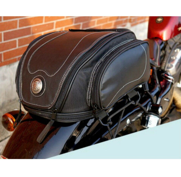 Rugged PU leather motorcycle tail bag, water-resistant & expandable, ideal bike luggage accessory.