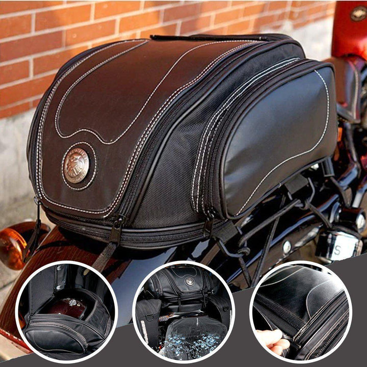 View of expandable water-resistant motorcycle tail bag, PU leather, showing storage & design.