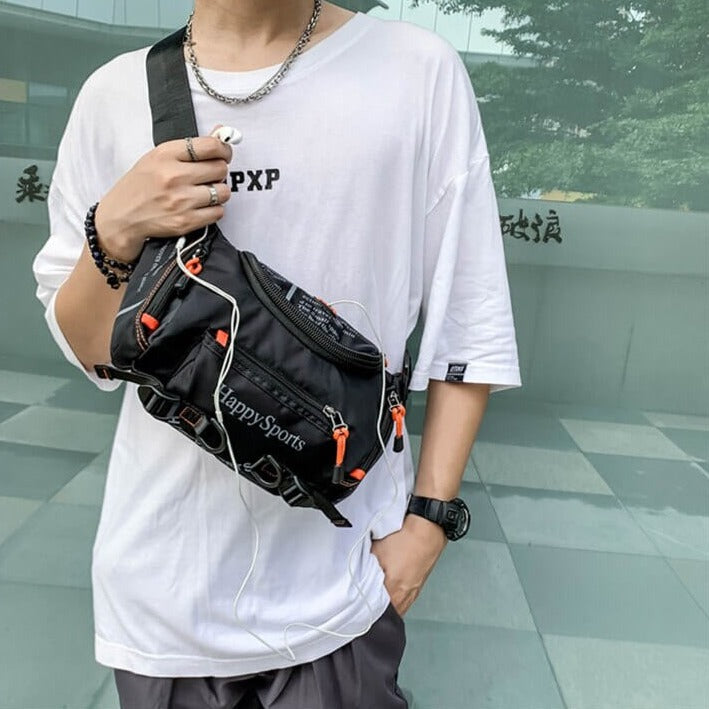 Close-up of men's water-resistant fabric, detailing the versatile sling bag.