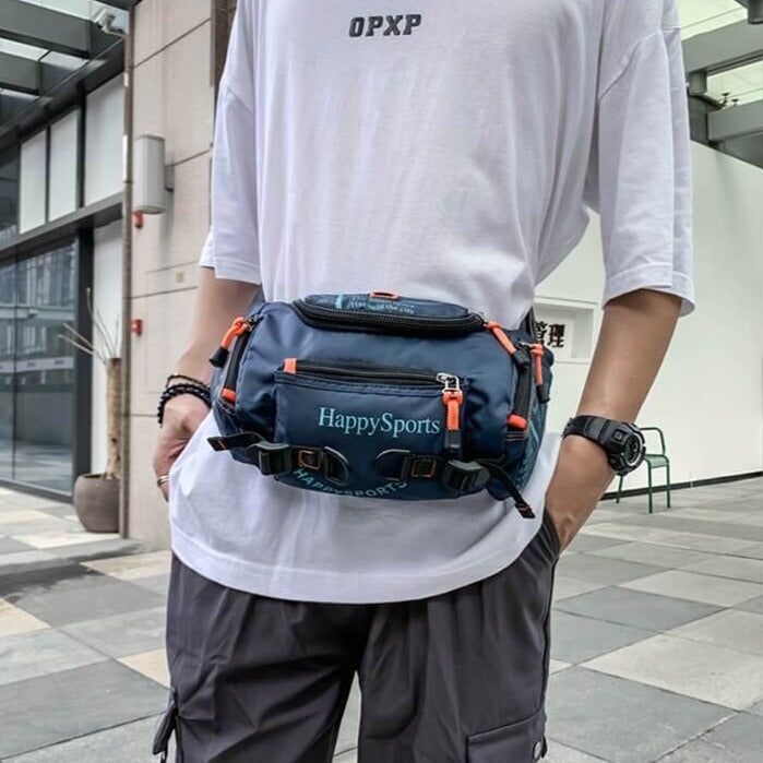 Men's durable water-resistant waist bag, with multiple compartments for organization.
