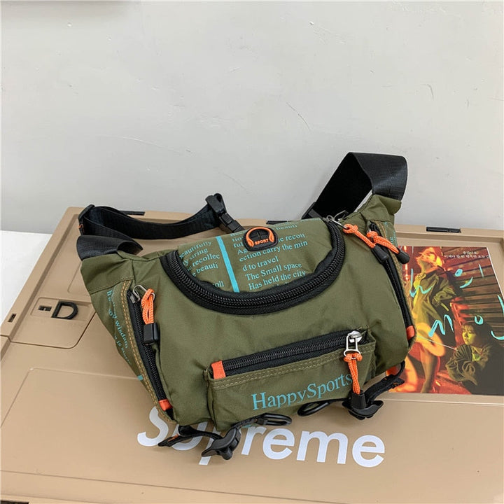 Black men's water-resistant waist bag, offering secure storage for outdoor gear.