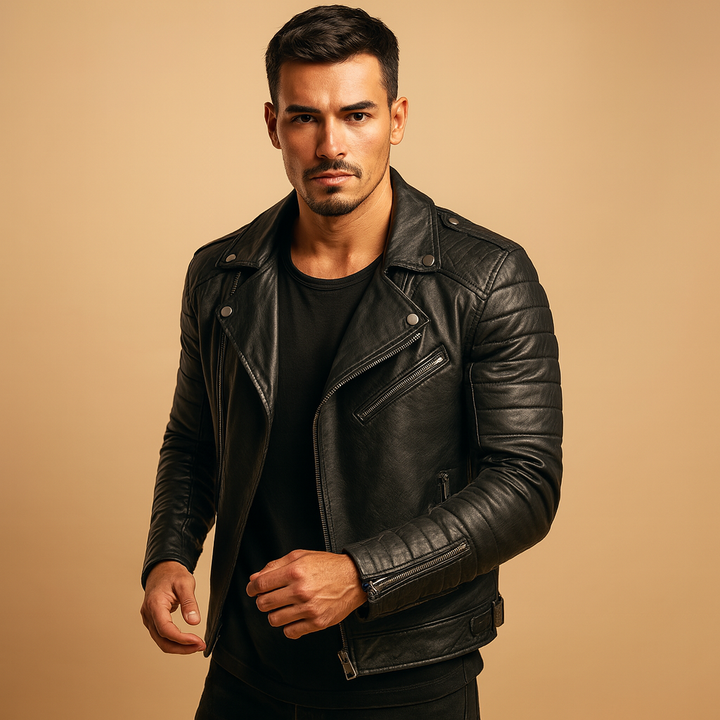 Men's waterproof biker jacket, ideal for motorcycle riding & all-weather protection. Stylish & durable outerwear.