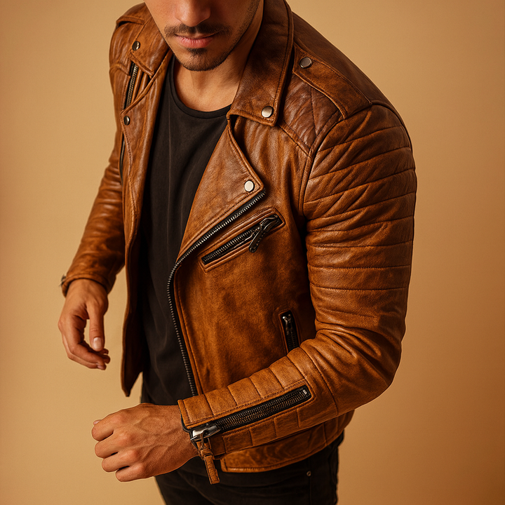 Stylish men's waterproof biker jacket, perfect for all-weather wear. Durable motorcycle outerwear for fall & winter.