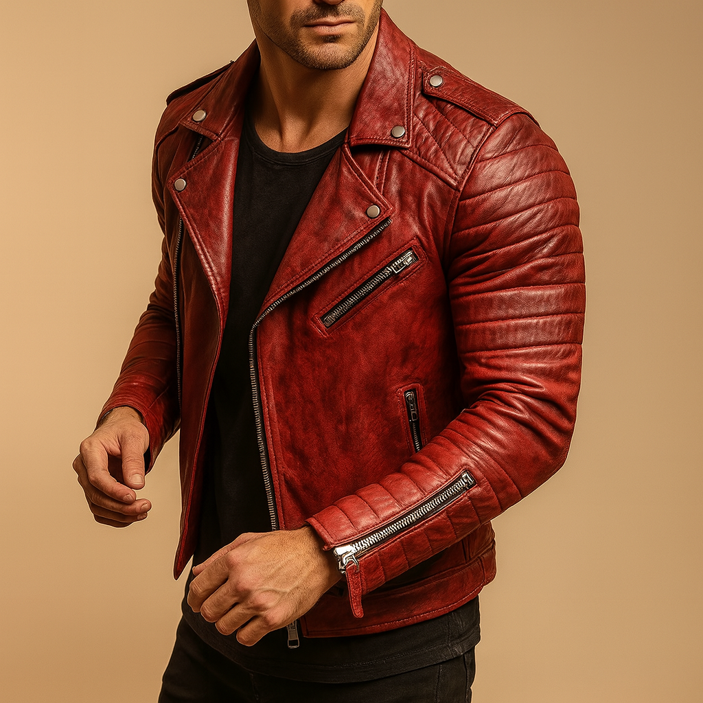 Durable men's motorcycle jacket, wind-resistant & waterproof. Provides all-weather protection for bikers.