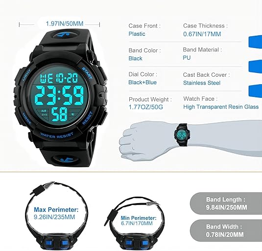 Durable men's military sport watch, waterproof with LED display for rugged outdoor adventures.