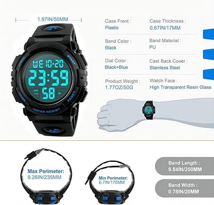Durable men's military sport watch, waterproof with LED display for rugged outdoor adventures.
