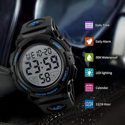 Stylish men's athletic digital watch, waterproof with bright LED display, ideal for active lifestyles.