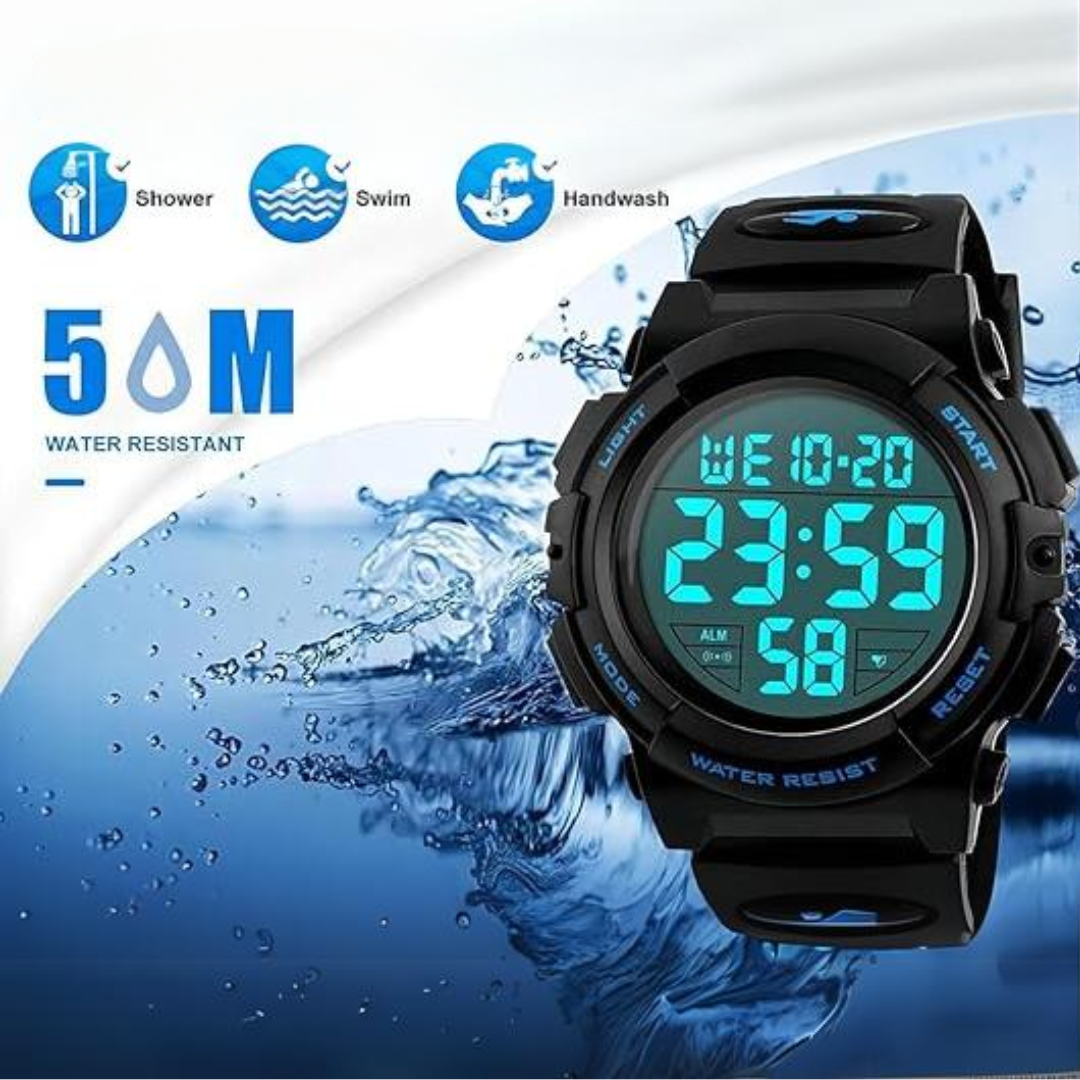 Outdoor men's waterproof digital watch with LED display, great for hiking, running, and sports.