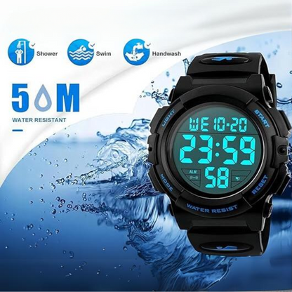 Outdoor men's waterproof digital watch with LED display, great for hiking, running, and sports.