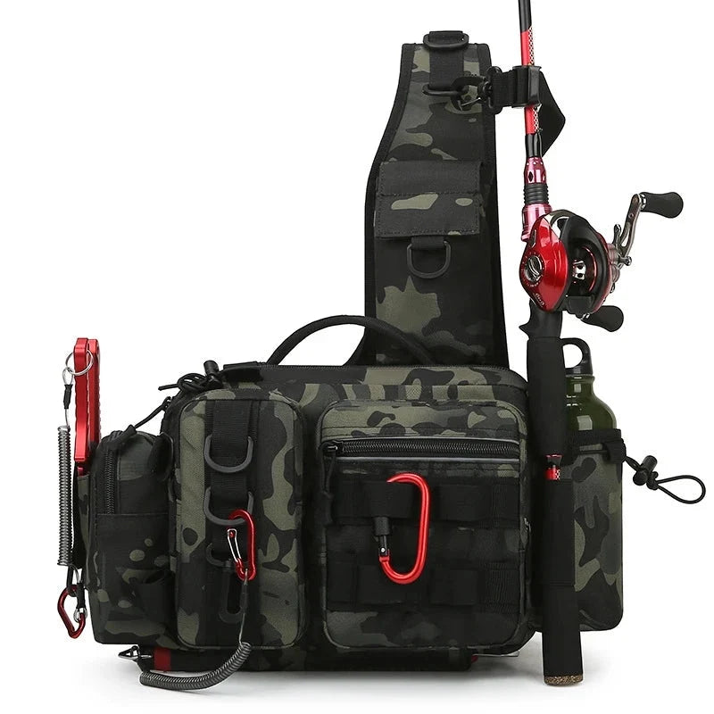 Men's waterproof fishing tackle bag, a multi-purpose waist pack for anglers. Durable outdoor gear in camo.