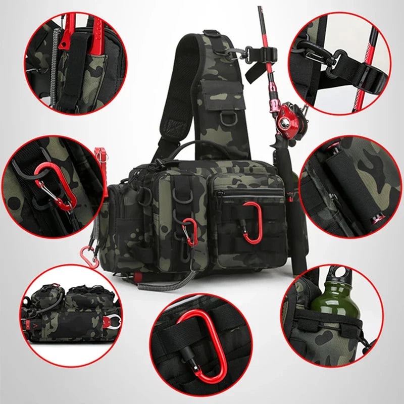Angler's waterproof nylon tackle bag. Multi-purpose waist pack for fishing and outdoor gear storage.