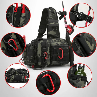 Angler's waterproof nylon tackle bag. Multi-purpose waist pack for fishing and outdoor gear storage.