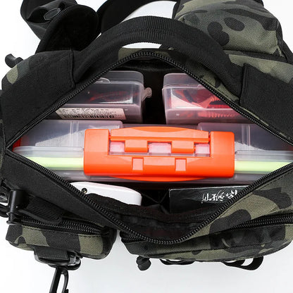 Camo men's fishing waist pack. Waterproof tackle bag, ideal multi-purpose outdoor gear for any angler.