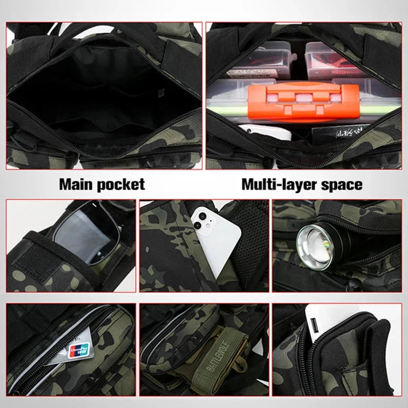 Durable waterproof tackle bag. Men's multi-purpose fishing waist pack, essential outdoor gear for anglers.