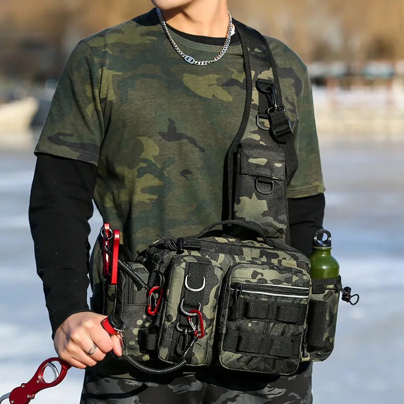 Multi-purpose men's fishing tackle bag. Waterproof waist pack designed for anglers and outdoor adventures.