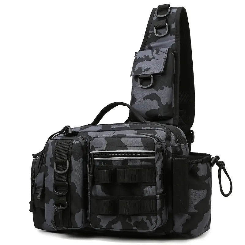 Camo outdoor gear: Men's waterproof fishing tackle waist pack. Multi-purpose bag for anglers' essentials.