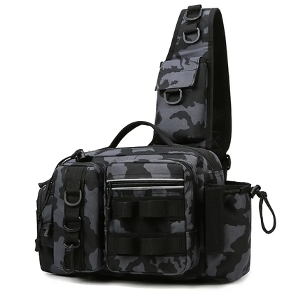 Camo outdoor gear: Men's waterproof fishing tackle waist pack. Multi-purpose bag for anglers' essentials.