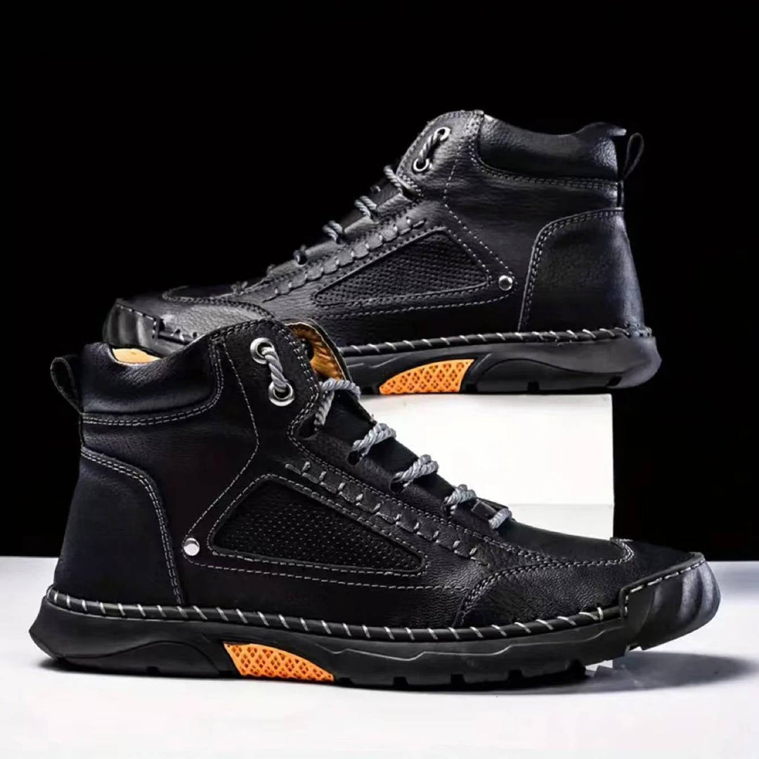 Men's waterproof hiking boots with arch support. Durable outdoor trail footwear.