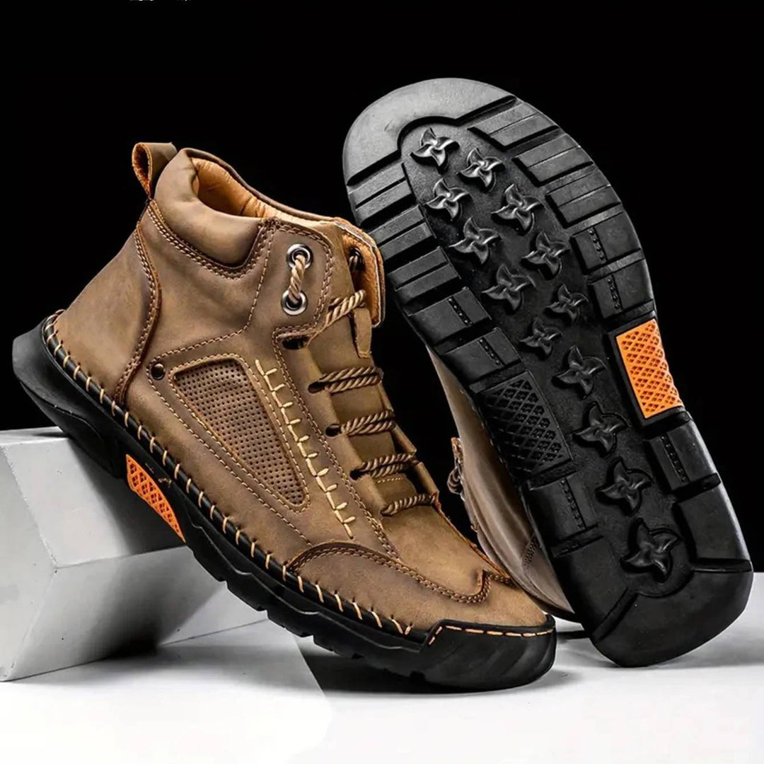 Brown men's waterproof hiking boots, offering comfort & support on trails.