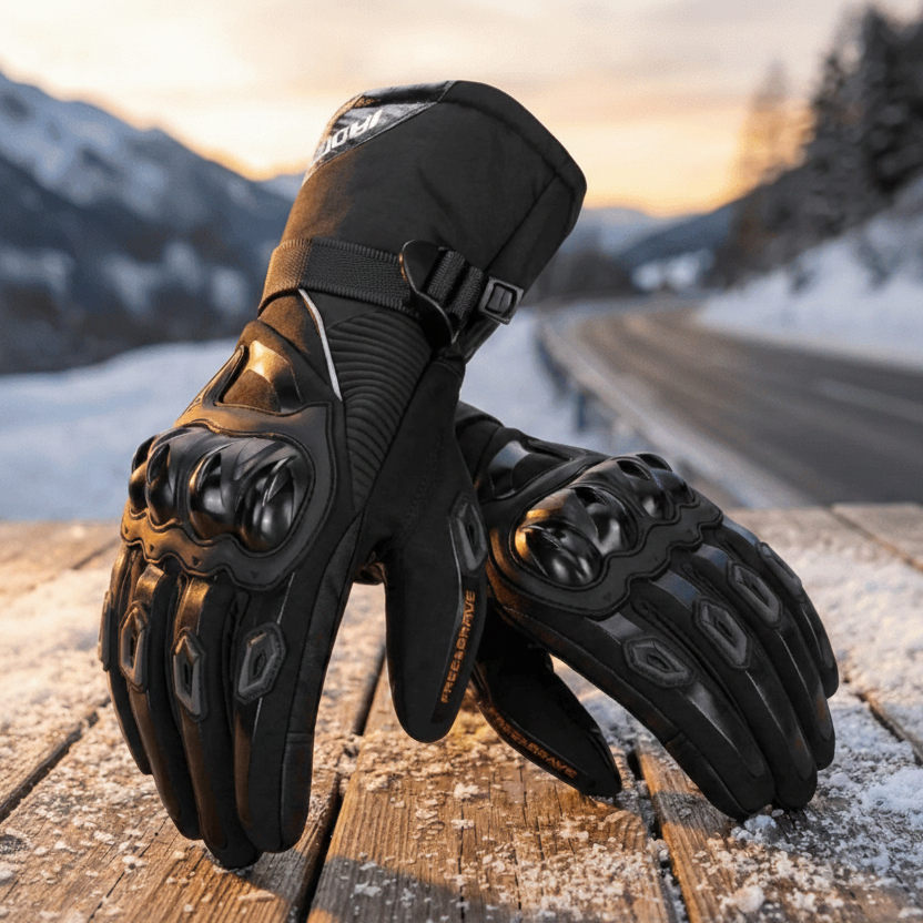 Men's waterproof, insulated winter motorcycle gloves with carbon fiber protection for cold weather riding.