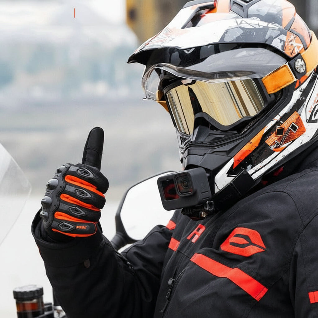 Protective men's thermal motorcycle gloves for winter. Features touchscreen compatibility & waterproof design.