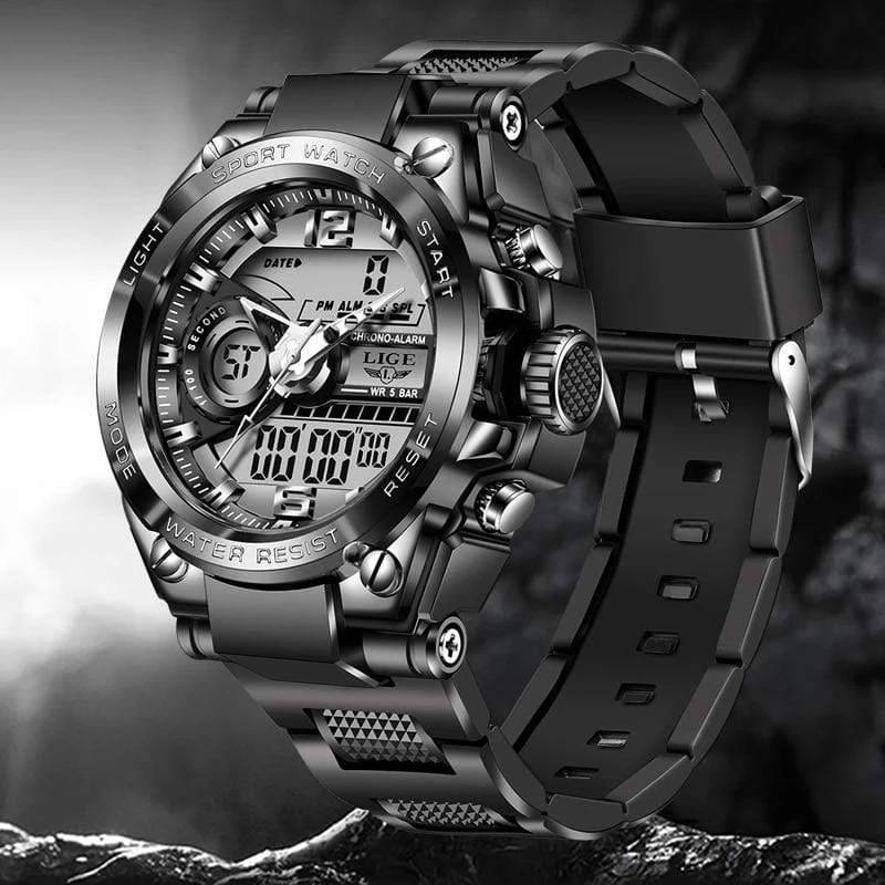 Men's waterproof LED digital analog sport watch, black silicone strap, military style, durable outdoor gear.