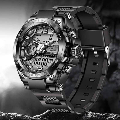 Men's waterproof LED digital analog sport watch, black silicone strap, military style, durable outdoor gear.