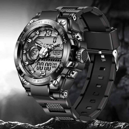 Men's waterproof LED digital analog sport watch, black silicone strap, military style, durable outdoor gear.