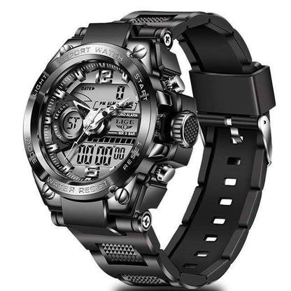 Waterproof men's wrist watch featuring LED digital time, analog display and a tough black silicone strap.