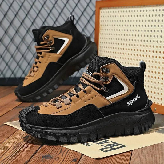 Men's waterproof outdoor hiking safety sneakers, black high-top work boots