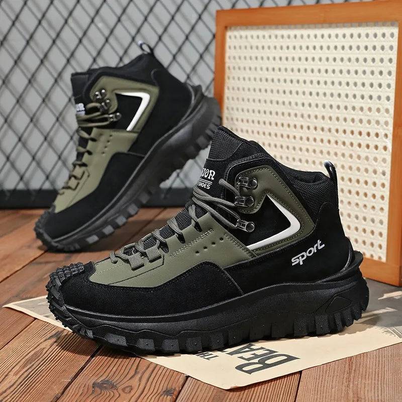 Close-up of men's waterproof hiking safety sneakers, durable non-slip sole