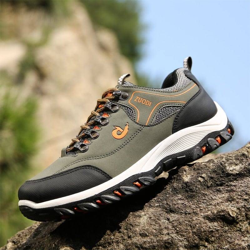 Men's waterproof outdoor leather hiking shoes, front view, in brown, for durable trail walking
