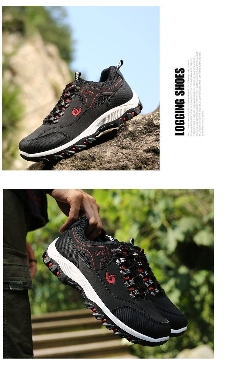 Front angle of men's sturdy waterproof hiking shoes, perfect for all weather conditions